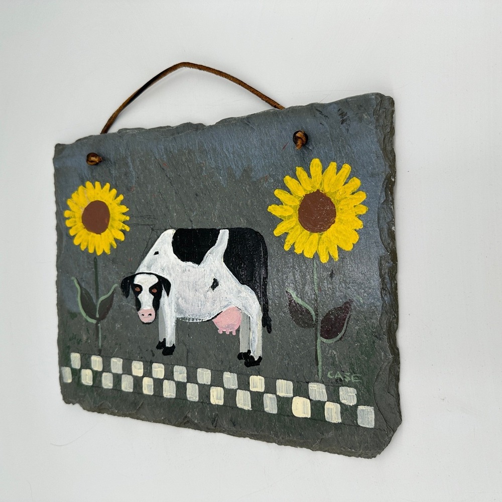 Hand Painted Slate Folk Art Cow Sunflowers Wall Hanging Signed CASE Farmhouse